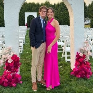 Hot Pink BHLDN Ruby Twist Halter Satin Gown - Discontinued Color!